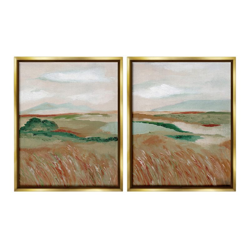 «Windblown Reeds Landscape», ensemble de 2 toiles flottantes encadrées par Nikita Jariwala, Cadre flottant métallique doré