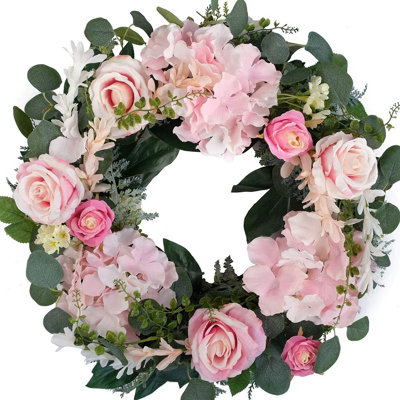 Couronne florale d'hortensia rose et rose de 22,4 pouces avec eucalyptus, couronne florale printemps été pour décoration murale de porte d'entrée