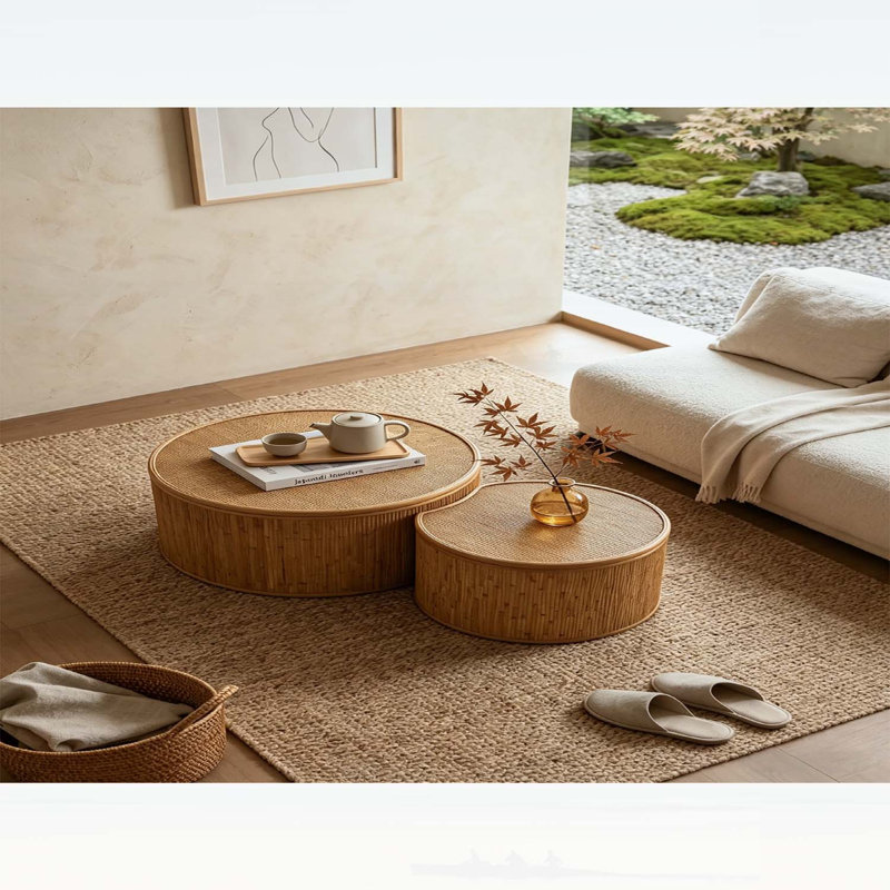 Ensemble de tables basses vintage en rotin avec rangement