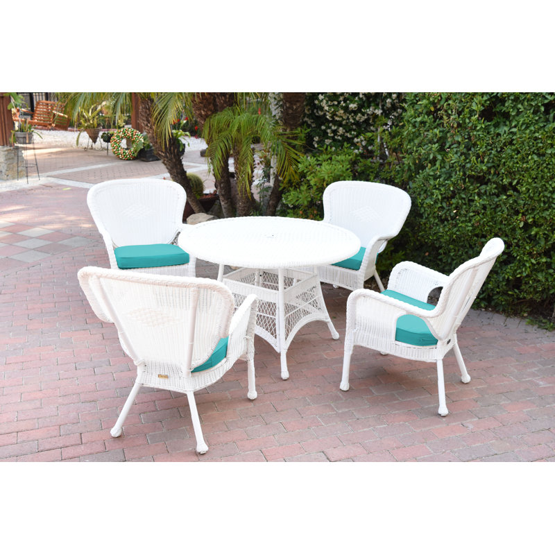 Batchelder 4 - Person Wicker Patio Dining Set with Round Table, Turquoise, White