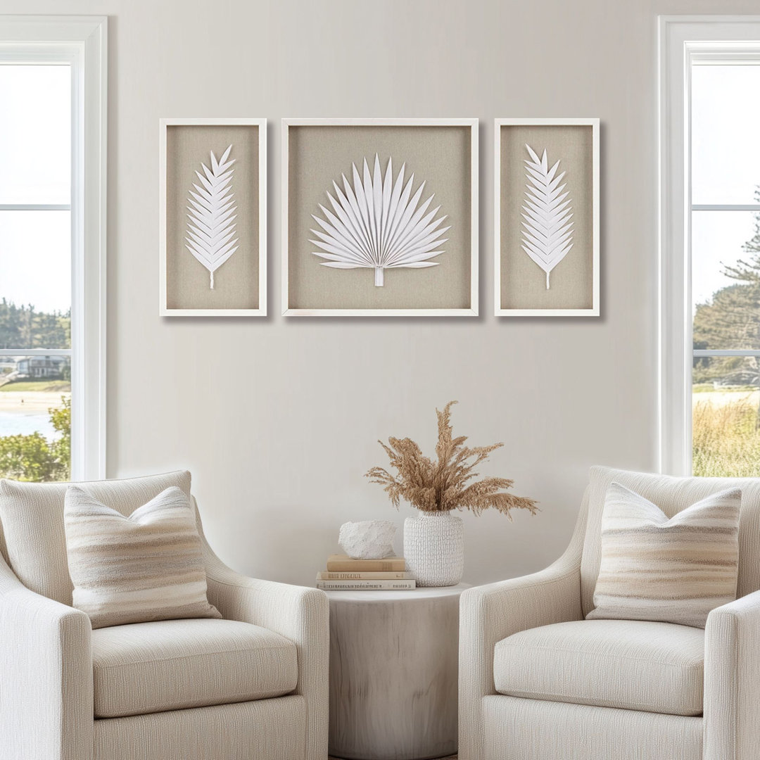 Sabal 3-Piece Framed Shadowbox Wall Art with Handmade Rice Paper Palm Leaves Madison Park