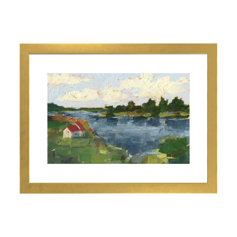 "Lakeside cottages I" par Ethan Harper, reproduction d’art, H 24 po x l 32 po x P 1 po, Papier encadré doré, Blanc