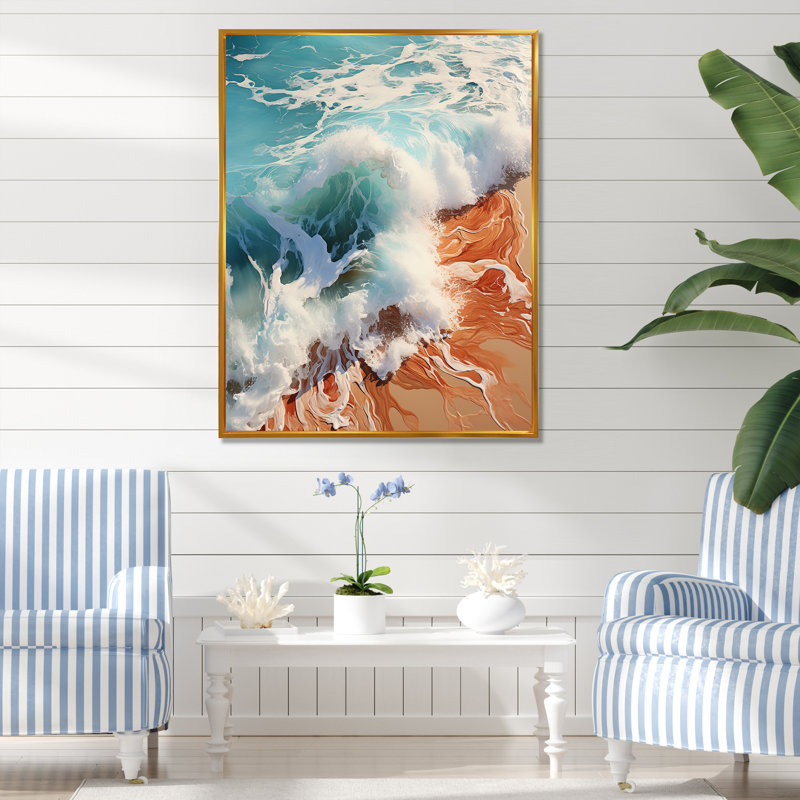 «Tropical Ocean Breeze From Above III», art mural plage et océan, Cadre flottant doré, H 40 po x l 30 po x P 1,5 po