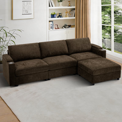 Canapé en L 108 po avec repose-pieds mobile, canapé modulaire avec porte-gobelets 108 po, canapé 4 places avec accoudoirs de rangement pour le salon