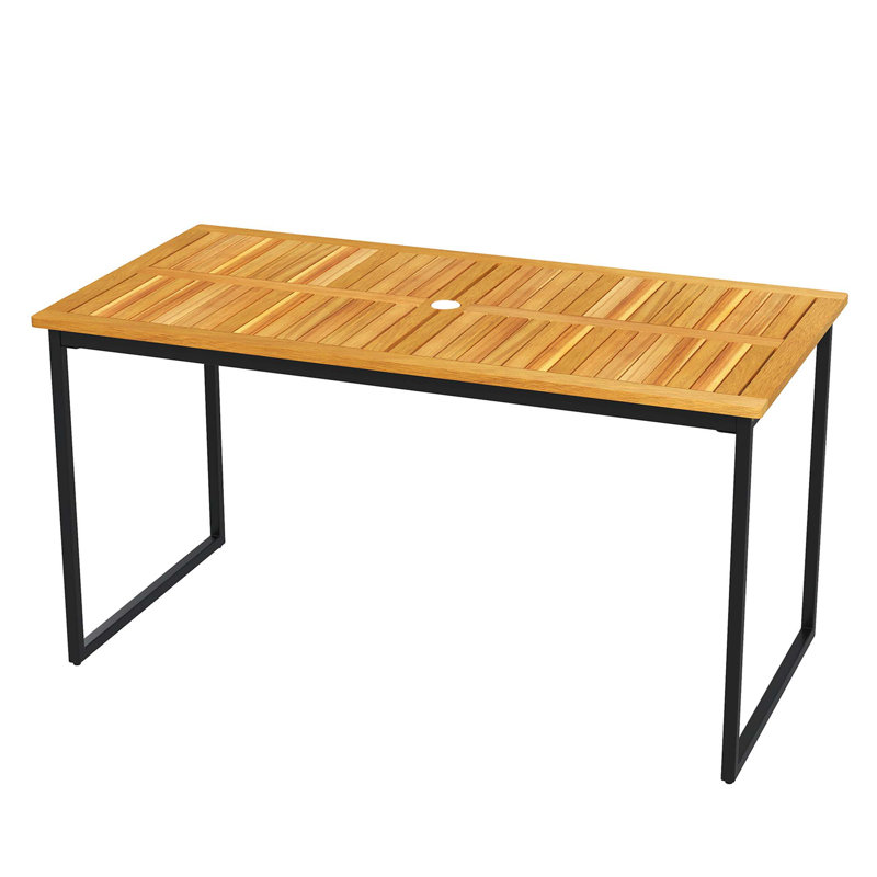 Acacia Wood Dining Table For 6 People 55" Rectangle Patio Table With Umbrella Hole