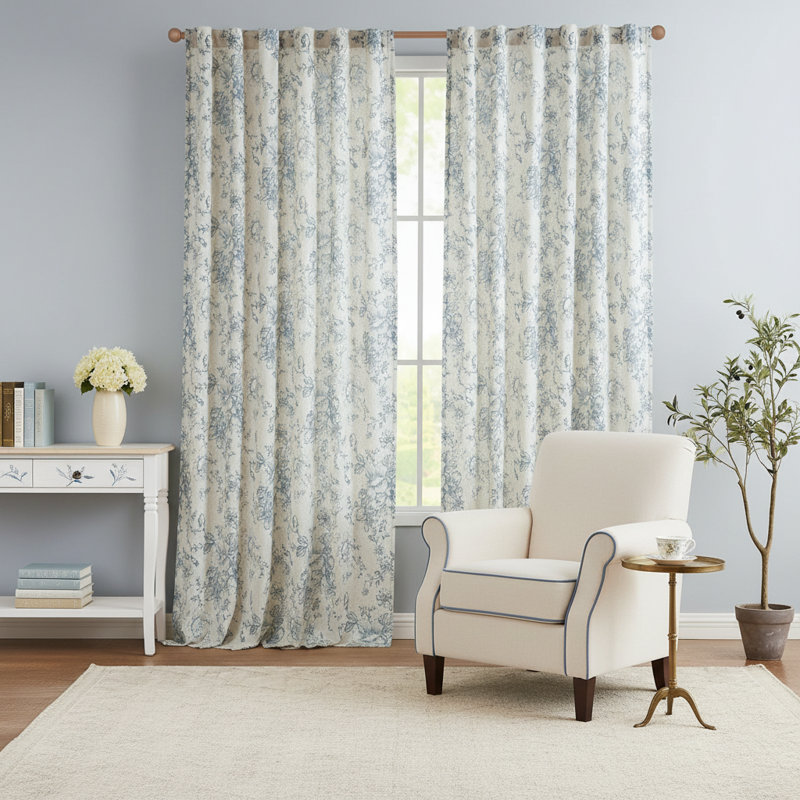 Ensemble de 2 panneaux de rideaux en lin 84 po avec pivoines bleues pour fenêtre et passe-tringle, Bleu
