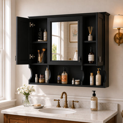 Armoire à pharmacie murale 35 po x 28 po en MDF avec miroir et 3 portes avec tablettes ouvertes