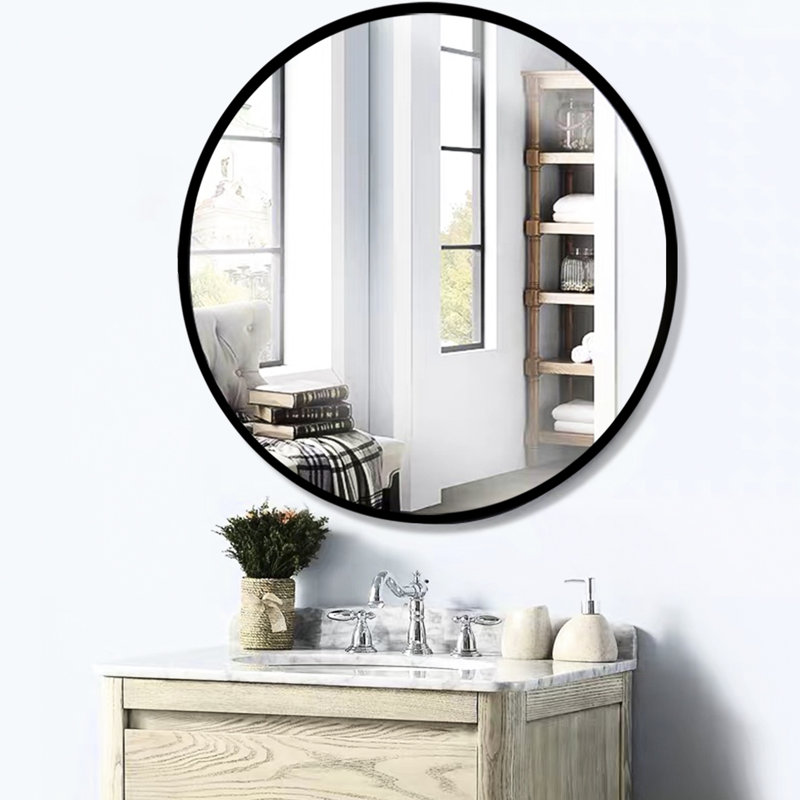 Miroir mural 32 po rond noir pour salle de bain. Reflet transparent avec verre Ultra HD de 5 mm. Incassable et imperméable. Accessoires de suspension offerts. Convient à tous les espaces intérieurs. Installation facile dans la salle de bain