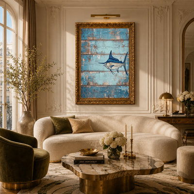 Blue Marlin Fish on Weathered Blue Wood Planks Canvas Wall Art