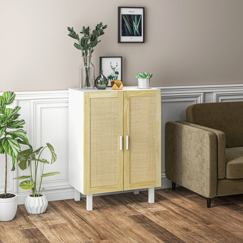 Buffet buffet, armoire de cuisine, armoire à café avec 2 portes en rotin et tablettes réglables