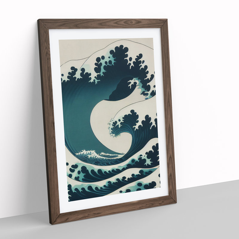 Traditional Japanese Wave No.3 - Wall Art, 66cm H x 48cm W, Walnut Framed, White