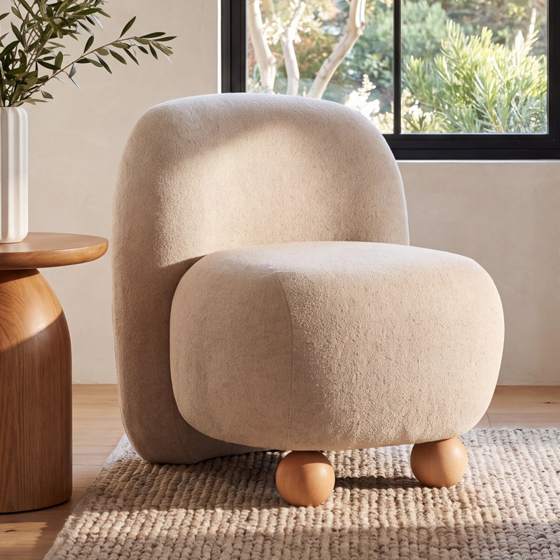 Dinara Kalia Boucle Bun Foot Accent Chair, Soft Ecru Textured Chenille