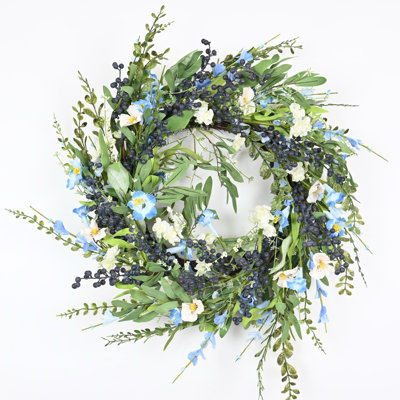 24" Artificial Farmhouse Blossoms Cluster Berry Greenery Foliage Spring Summer Wildflower Floral Wreath For Front Door