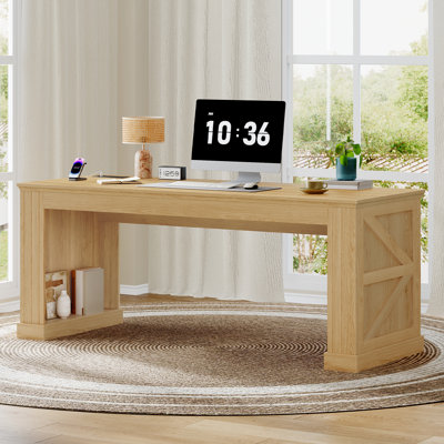 63 Inch Farmhouse Executive Desk, Long Computer Desk with Built-in Charging Station & Bottom Storage, Home Office Writing Study Desk