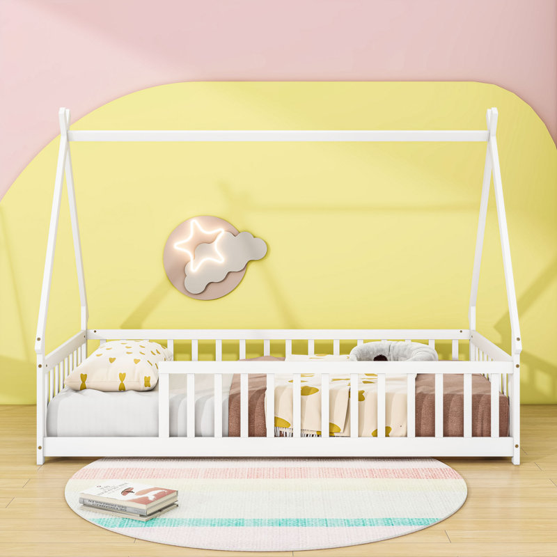 Twin Bed With Guardrails And Slats, White