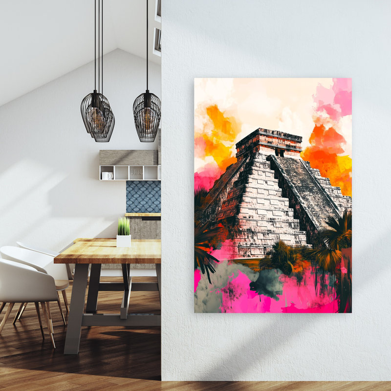 Vibrant Chichen Itza Pyramid Colorful Dramatic Vibrant Architecture Landscape Wall Art Print 1 Piece Wrapped Canvas Wall Art