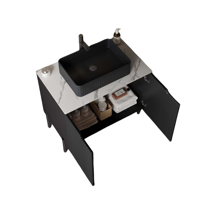 Meuble-lavabo double autoportant avec lavabos, armoires de rangement rayées et tablette ouverte amovible, idéal pour un décor romantique français et un rangement efficace