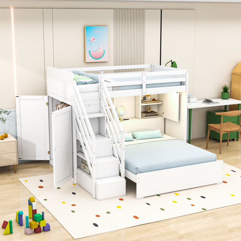 Bunk Bed with Wardrobe,USB and Lights, White