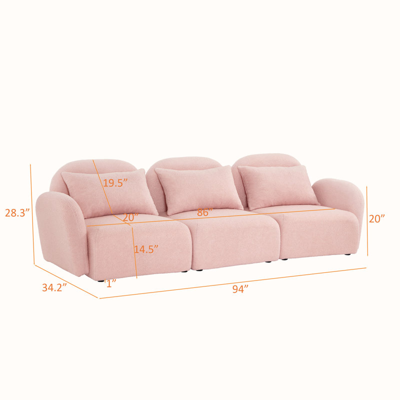 Upholstered Sofa, 28.3" H x 94" W x 34.2" D, Pink 100% Polyester