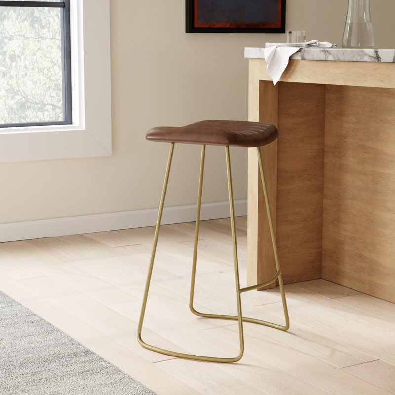 Marianna Upholstered Counter Stool with Metal Frame, Natural Genuine Leather / Antique Brass Frame
