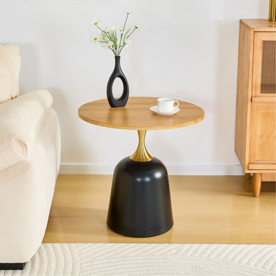 Table basse de 23,6 pouces avec table d'appoint circulaire, table de salon à base en métal, décoration moderne simple grain de bois, bureau de tête de lit canapé unique.