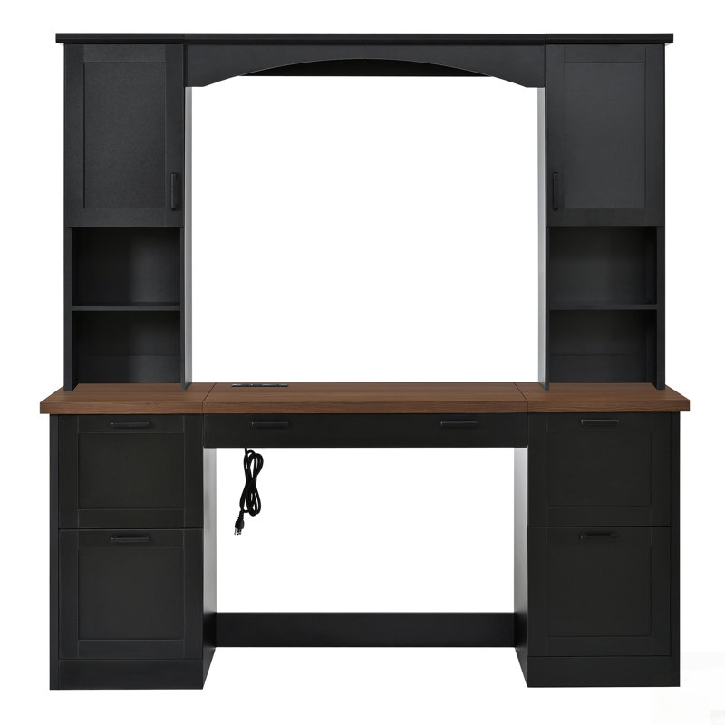 Bureau d'ordinateur Farmhouse avec arche avec huche, poste de travail Mid-Century en noyer avec station de charge et plateau à clavier, bureau d'écriture tout-en-un avec tiroir classeur pour bureau, bureau