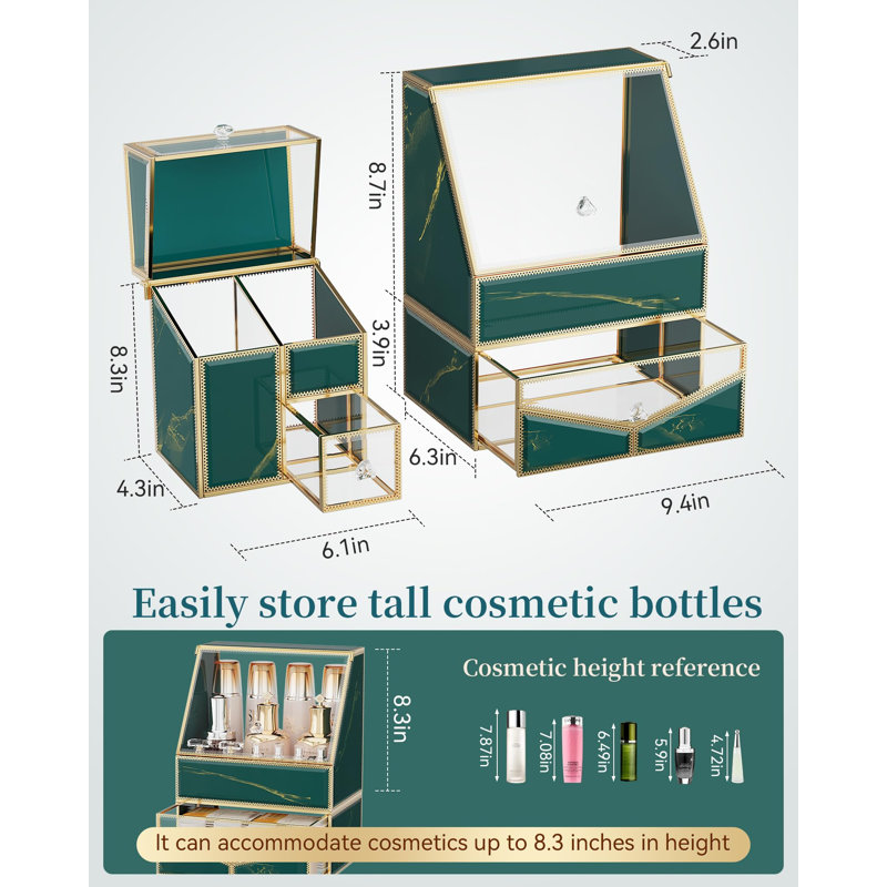 Organisateur de maquillage en verre, rangement pour cosmétiques 3-en-1 multifonctionnel, 1 unité, (vert)