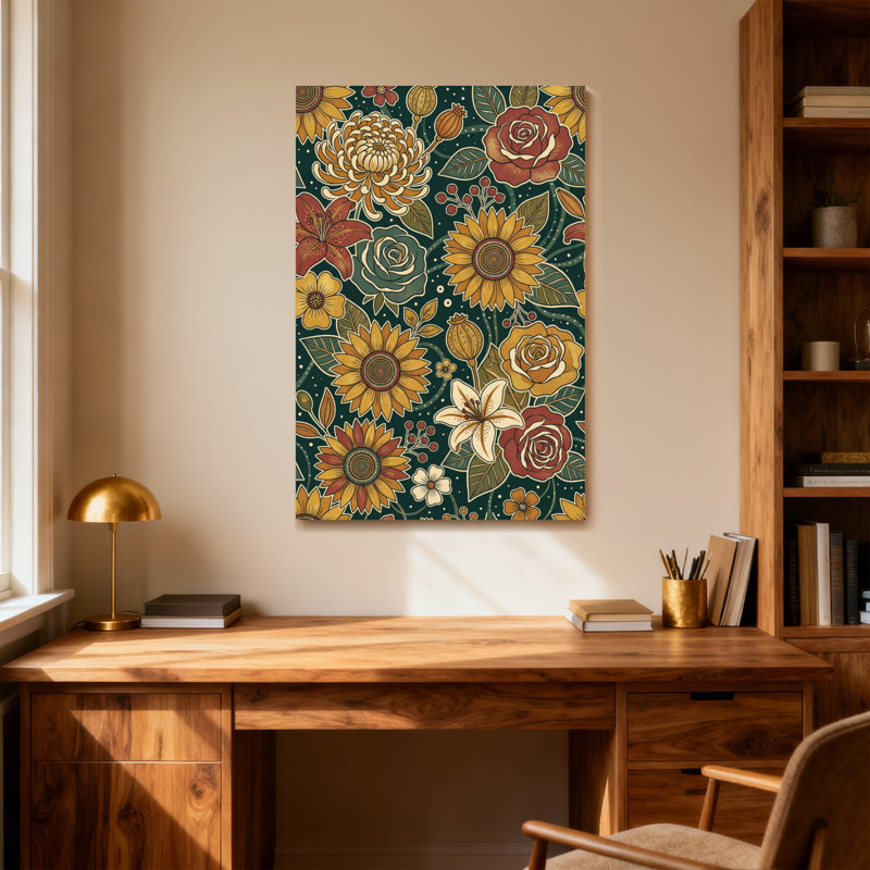 Plantes et fleurs, motif floral avec tournesols, roses et feuilles