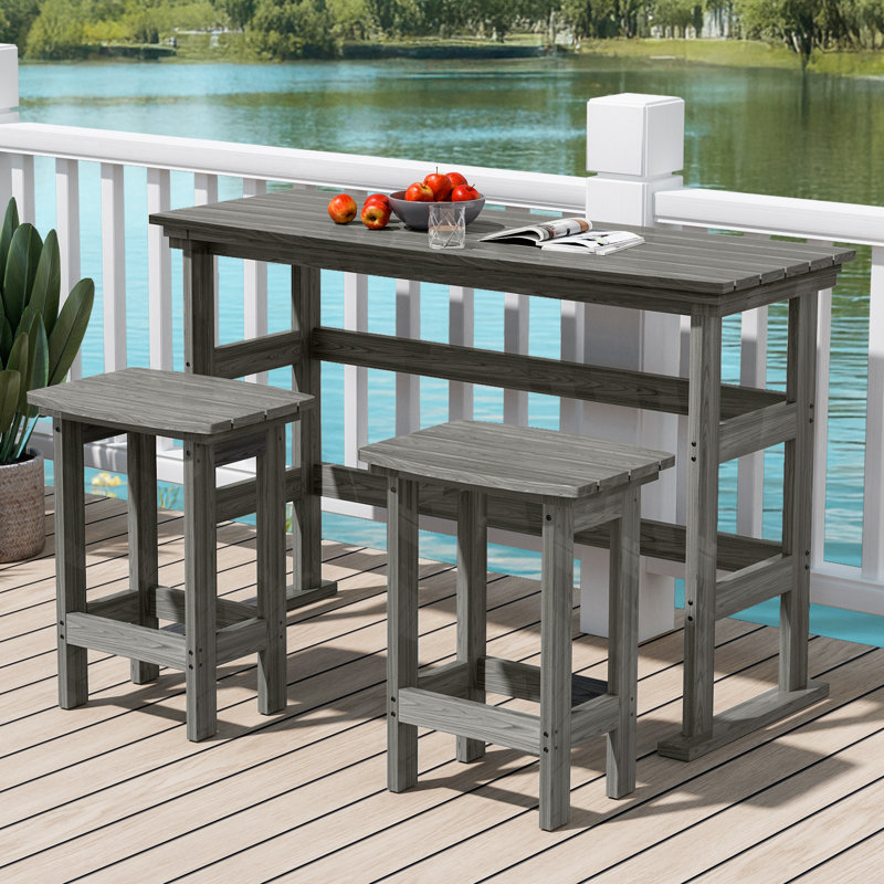 Davonia 3-Piece HDPE Plastic Outdoor Plastic Outdoor Patio Rectangle Bar Height Bistro Dining Set in Gray