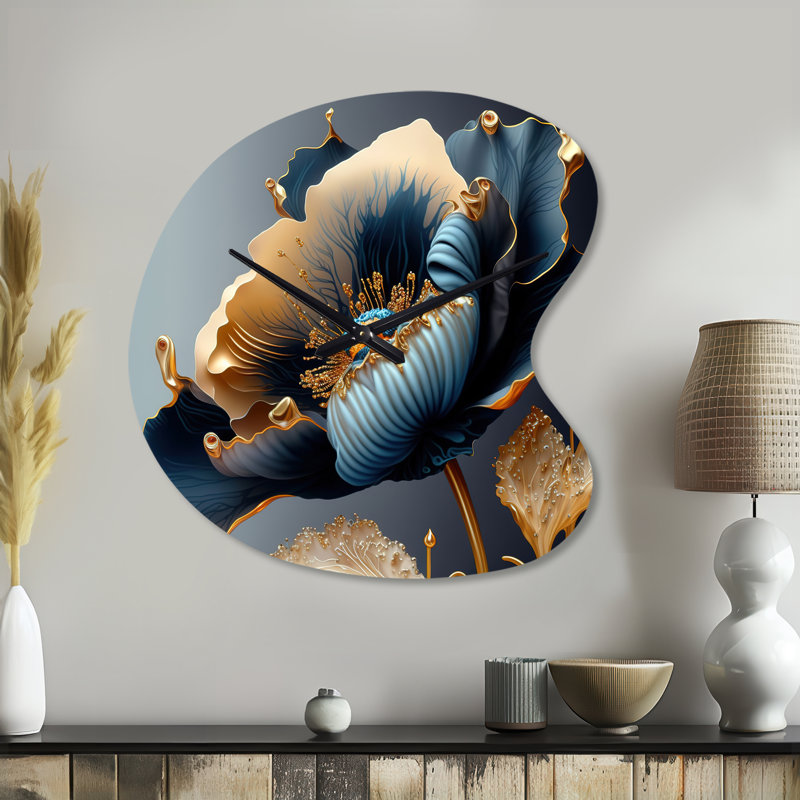Horloge murale asymétrique florale en métal bleu foncé et doré, Petit