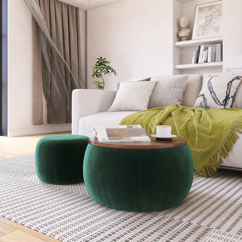 Round Storage Ottoman, 2 In 1 Function, Work As End Table And Ottoman, Brown, Green
