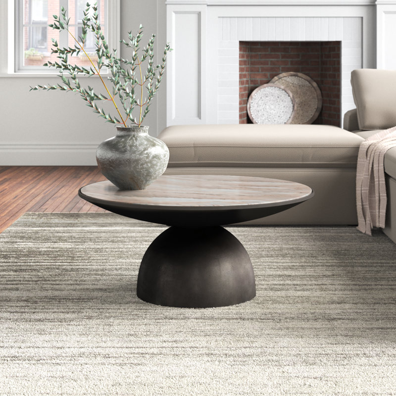 Anara Seraphine Pedestal Coffee Table, Creamy Taupe Top/Light Gray Base, 15.75" H x 35.25" L x 35.25" W