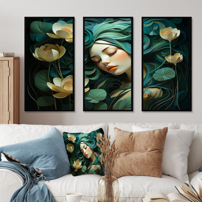 Femme verte et blanche avec une fleur sur le visage II - art mural floral femme