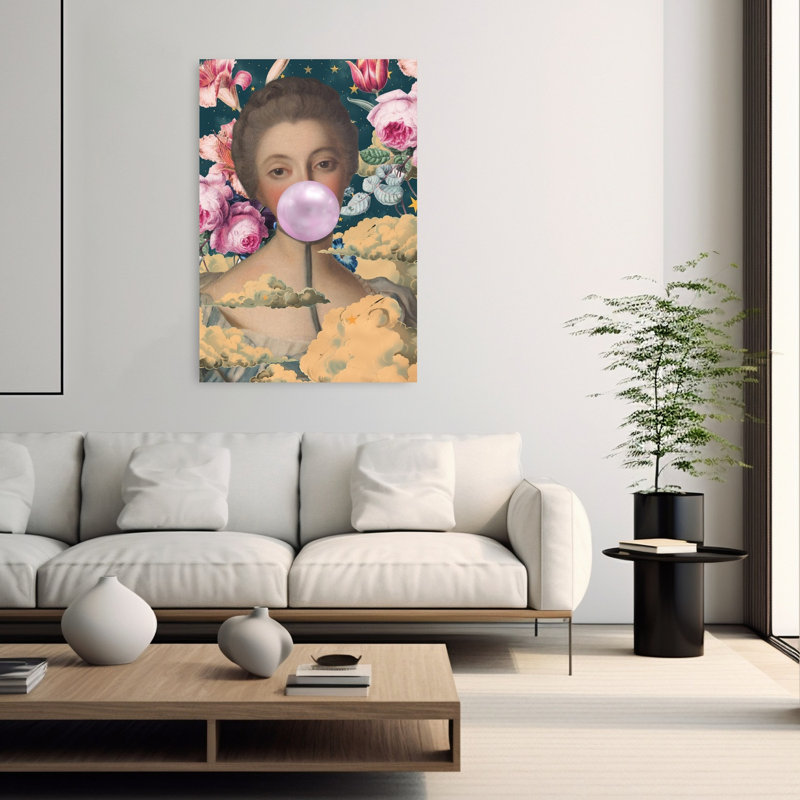 Affiche murale fleurie surréaliste avec motif de gomme à mâcher, portrait classique, onirique et élégant de fleurs