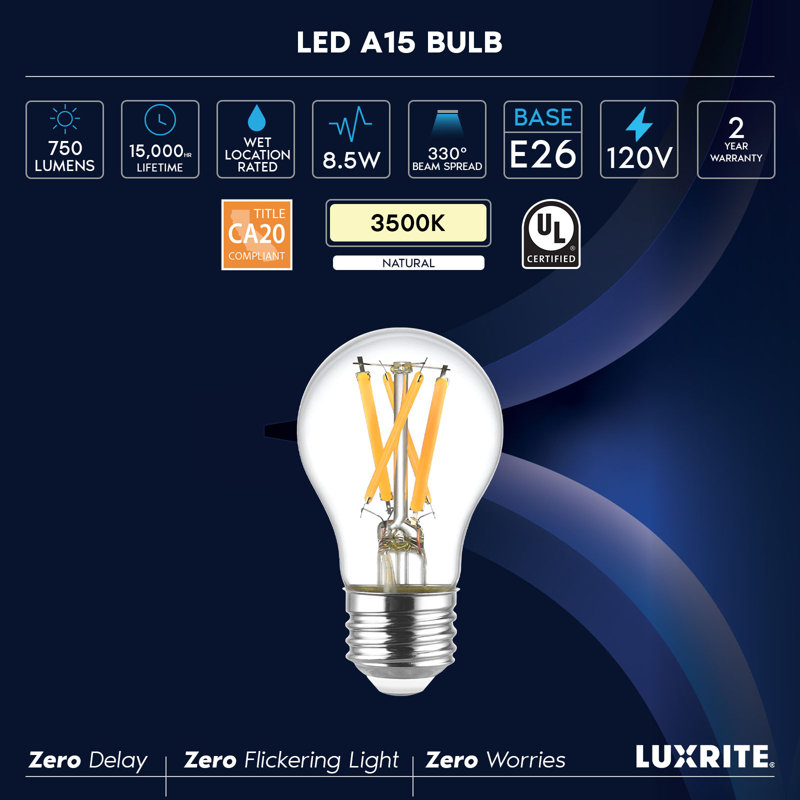 Ampoule DEL LUXRITE A15 Edison, 8,5 W = 60 W, à intensité variable, blanc naturel 3500K, homologué pour luminaire fermé, 750LM, CRI90, E26, conforme au titre 20, homologué UL, paquet de 24