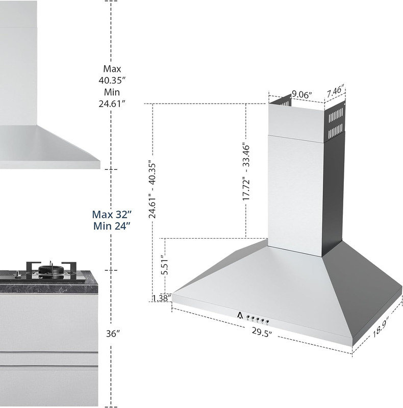 Sangdo 29.5 " W 265 CFM Ducted (Vented) and Ductless (Non-Vented) Wall Range Hood