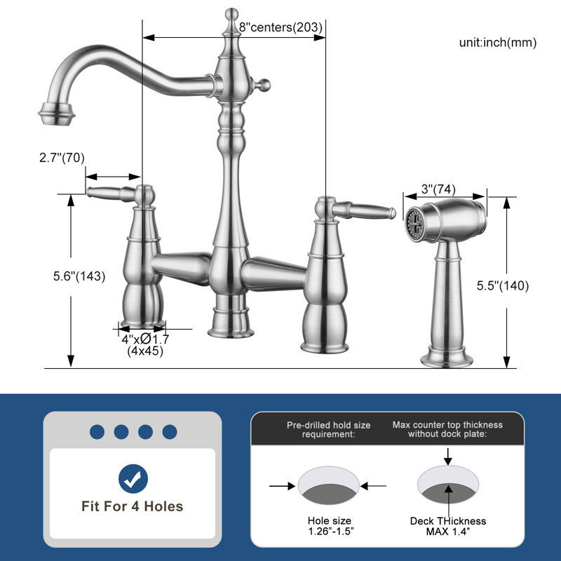 Double Handle Bridge Kitchen Faucet With Faucet-side Sprayer In Brushed Nickel, Brushed Nickel