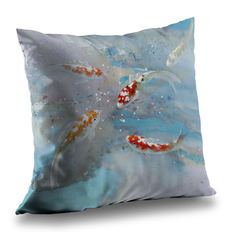Koi Fish Swimming in Blue Water - Gray Animals Poly Twill Throw, Square 14", Pillow Cover Only - No Insert