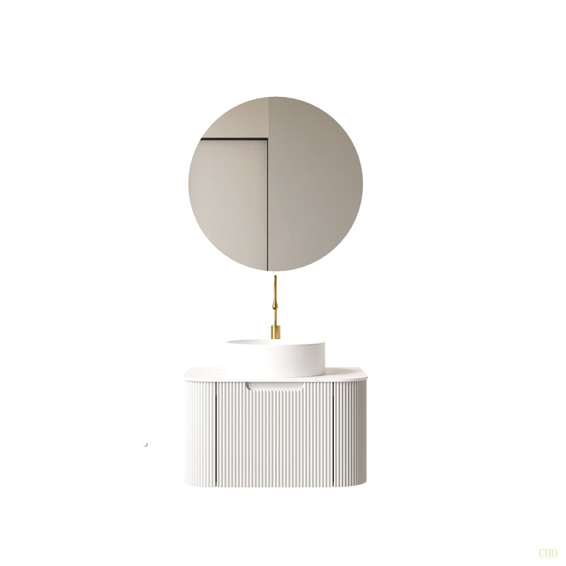Meuble-lavabo de salle de bain avec lavabo, armoire de rangement de salle de bain murale à bordures courbes et flottantes avec tiroir, lavabo en céramique avec motif de pierre, pré-assemblé