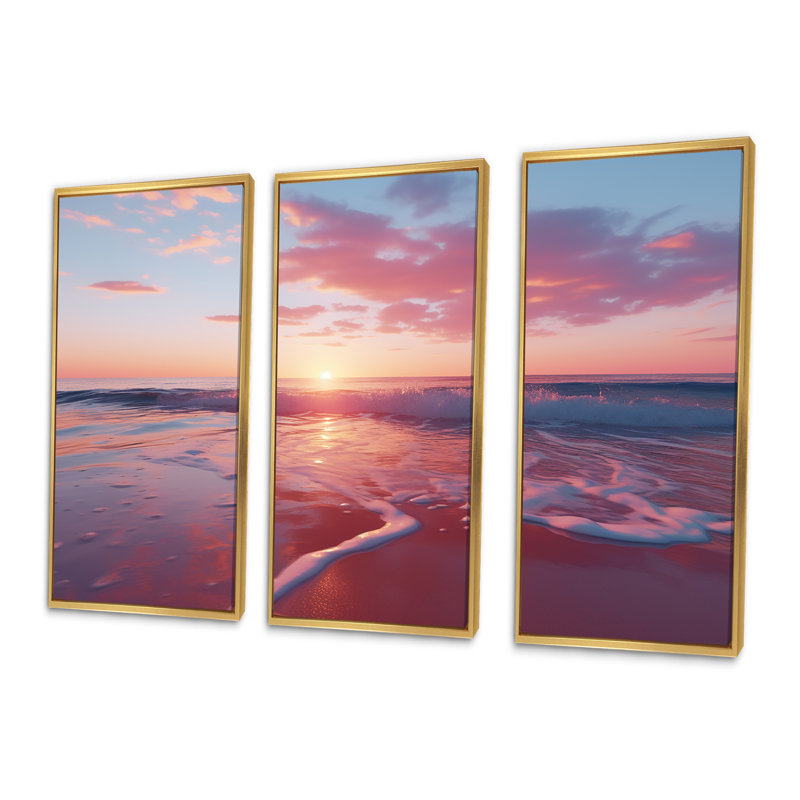 «Beach Cotton Candy Sunset Skies II» - art mural coucher de soleil côtier, Cadre flottant doré, H 28 po x l 36 po x P 1 po