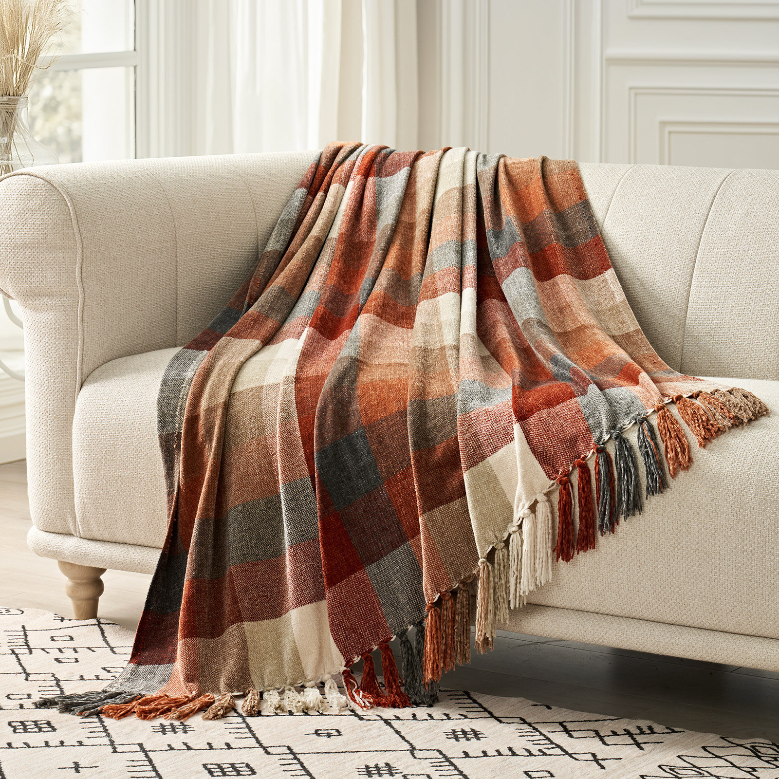 Soft Chenille Throw Blanket, 80" L x 60" W, Brown/Orange/Gray Plaid