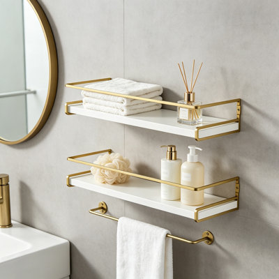 Floating Shelves Wall Mounted, 2 Piece Bathroom Shelves with Gold Metal Frame and Towel Bar