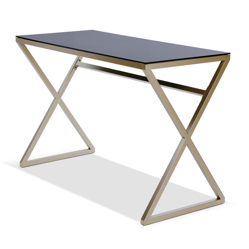 Hematite Glass Top Metal Base Writing Desk, Gold, Black Glass