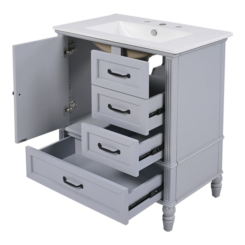 Meuble-lavabo 30 po avec lavabo, armoire de salle de bain avec porte et trois tiroirs, Gris