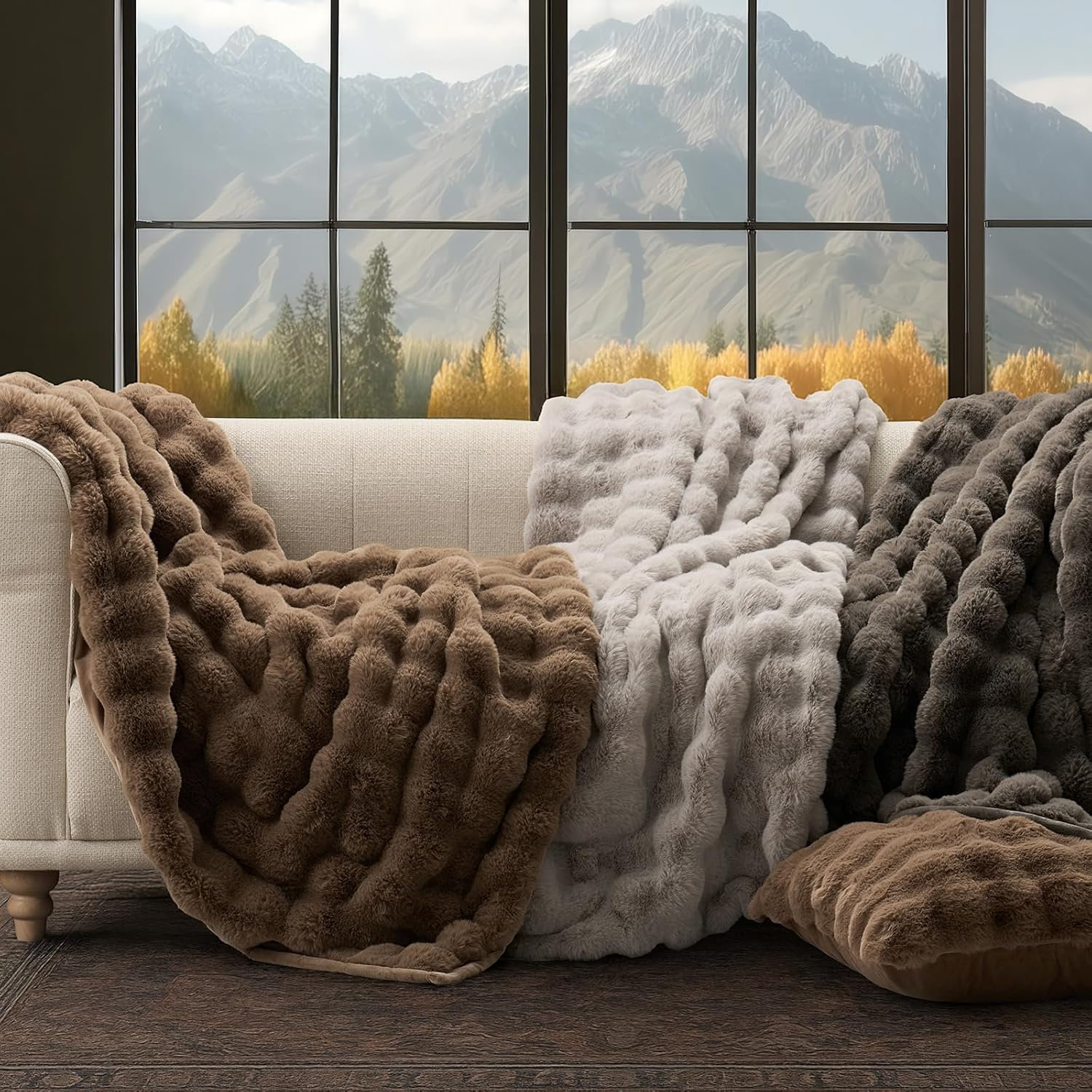 Faux Fur Weighted Throw Blanket, 80" L x 60" W, Dark Taupe