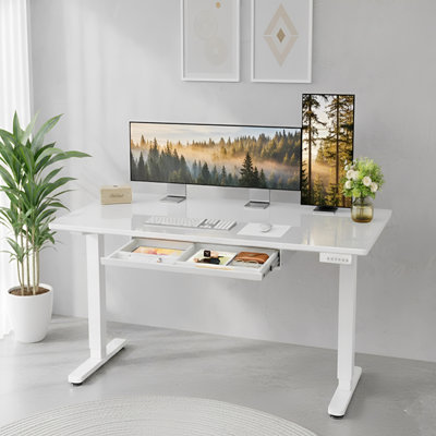 Glass Standing Desk with Writable Surface and Built-In Storage Drawers, Adjustable Height