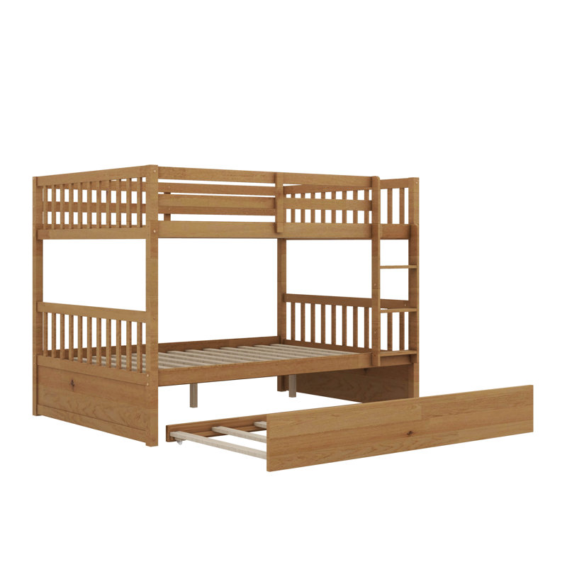 Rubber Wood Bunk Bed With Pull-Out Trundle, Convertible To Two Independent Beds, White Oak