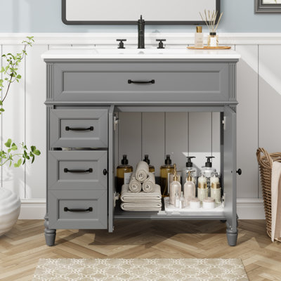 [Video] 36" Bathroom Vanity With Sink, Bathroom Cabinet With Drawers, Solid Frame And MDF Board, One Package, Grey(Other Color: N725P195410)