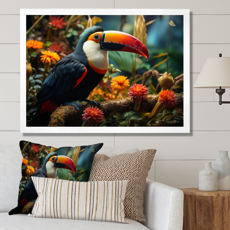 Toco Toucan South America Jungle Symphony I - Animals Wall Decor, H 16 po x l 32 po x P 1 po, Cadre simple blanc