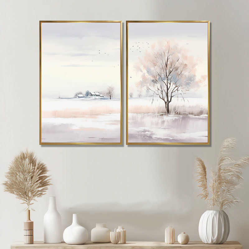 Hiver paysage minimaliste - art mural paysage d'hiver, H 36 po x l 48 po, Impression encadrée flottante, Doré